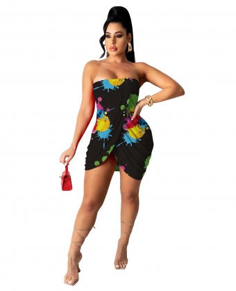 Black Off-Shoulder Printed Sleeveless Women Sexy Mini Dress