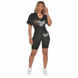 Black Short Sleeve Printed 2PCS Women Sports Sets