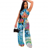 Blue Sleeveless Low-Cut Printed Women Backless Jumpsuit