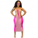 Pink Off-Shoulder Lace-up V-Neck Bodycons Midi Dress