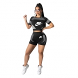 Black Short Sleeve Printed O-Neck Women Sports Sets