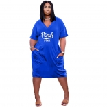 Blue Short Sleeve V-Neck Printed Women Clubwear