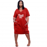 Red Short Sleeve V-Neck Printed Women Clubwear
