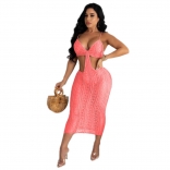 Pink Sleeveless Hollow-out Lace V-Neck Sexy Midi Dress