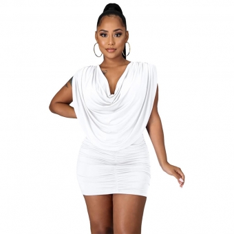 White Sleeveless Folded O-Neck Women Sexy Mini Dress