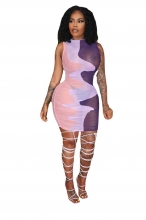Pink Sleeveless O-Neck Mesh Printed Bodycons Mini Dress