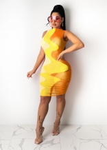 Yellow Sleeveless O-Neck Mesh Printed Bodycons Mini Dress