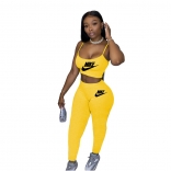 Yellow Halter Low-Cut 2PCS Women Printed Sexy Jumpsuit