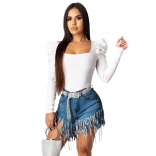 RoyalBlue Sexy Jeans Tassels Short Trousers