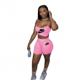 Pink Halter Low-Cut V-Neck Printed 2PCS Sports Dress