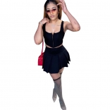 Black Sleeveless Halter Women 2PCS Pleated Skirt Set