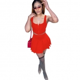 Red Sleeveless Halter Women 2PCS Pleated Skirt Set
