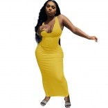 Yellow Sleeveless Deep V-Neck Bodycons Midi Dress
