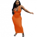 Orange Sleeveless Deep V-Neck Bodycons Midi Dress