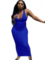 Blue Sleeveless Deep V-Neck Bodycons Midi Dress