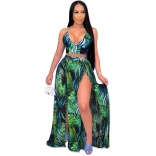 Green Sleeveless V-Neck Printed 2PCS Women Maxi Dress