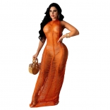 Orange Sleeveless O-Neck Hollow-out Knitting Nets Bandage Midi Dress