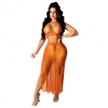 Orange Sleeveless V-Neck Knitting Nets Bandage Long Dress