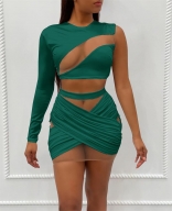Green One-Sleeve Mesh Hollow-out Bandage Mini Dress