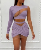Purple One-Sleeve Mesh Hollow-out Bandage Mini Dress