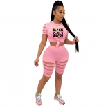 Pink Short Sleeve Hollow-out Printed Pant Set