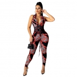 Red Sleeveless Deep V-Neck Printed Lace-up Sexy Jumpsuit