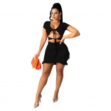 Black Short Sleeveless V-Neck Foral Women Mini Dress