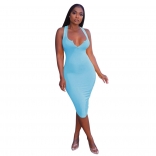 Blue Halter Low-Cut V-Neck Women Bodycons Midi Dress