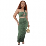 Green Sleeveless One-Shoulder Halter 2PCS Women Midi Dress