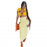 Yellow Short Sleeve Lace-up 2PCS Hollow-out Bandage Midi Dress