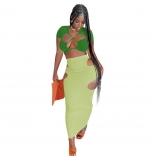Green Short Sleeve Lace-up 2PCS Hollow-out Bandage Midi Dress