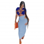Blue Short Sleeve Lace-up 2PCS Hollow-out Bandage Midi Dress