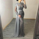 Black Grey Long Sleeve Lace Sequins Msh Women Maxi Dress