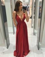 Red Sleeveless Deep V-Neck Silk Sexy Women Evening Maxi Dress