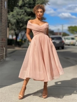 Pink Off-Shoulder Low-Cut V-Neck Mesh Women Sexy Skirt Dress