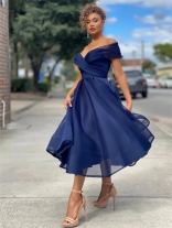 Blue Off-Shoulder Low-Cut V-Neck Mesh Women Sexy Skirt Dress