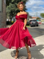 Red Off-Shoulder Low-Cut V-Neck Mesh Women Sexy Skirt Dress