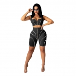 Black Sleeveless Zipper V-Neck 2PCS Women Sexy Pant Sets