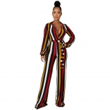 Red Long Sleeve Printed V-Neck Women Fashion Jumpsuit