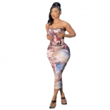 Beige Off-Shoulder Sleeveless Printed Bodycons Sexy Midi Dress