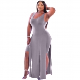 Grey Sleeveless Halter Low-Cut 2PCS Plus Size Dress