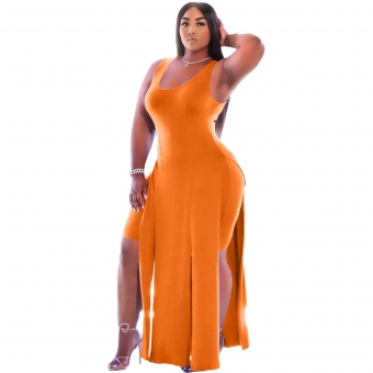 Orange Sleeveless Halter Low-Cut 2PCS Plus Size Dress