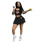 Black Sleeveless Printed 2PCS Tennis Sexy Skirt Set