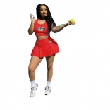 Red Sleeveless Printed 2PCS Tennis Sexy Skirt Set