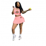 Pink Sleeveless Printed 2PCS Tennis Sexy Skirt Set