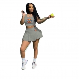 Grey Sleeveless Printed 2PCS Tennis Sexy Skirt Set