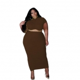 Brown Short Sleeve Plus Size Women Midi Dress