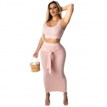 Pink Sleeveless Halter Cotton 2PCS Bodycons Midi Dress