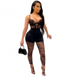 Black Halter V-Neck Lace Hollow-out Sexy Jumpsuit