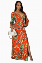 Red Long Sleeve V-Neck Printed Fashion Jersey Dress